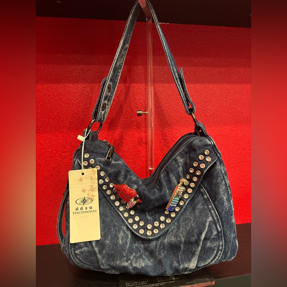Blue Denim Studded Women's Bag